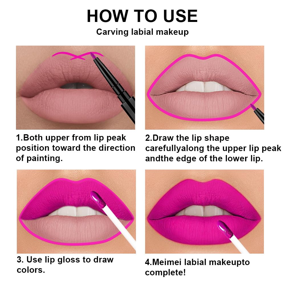 evpct 3Pcs Purple Hot Pink Fuschia Red Matte Lip Liner & Liquid Lipstick Stain Makeup Set for Women, Lip Liner Stain Long Lasting Waterproof Smudge Proof, Cruelty Free Lip Makeup 24 hours originales