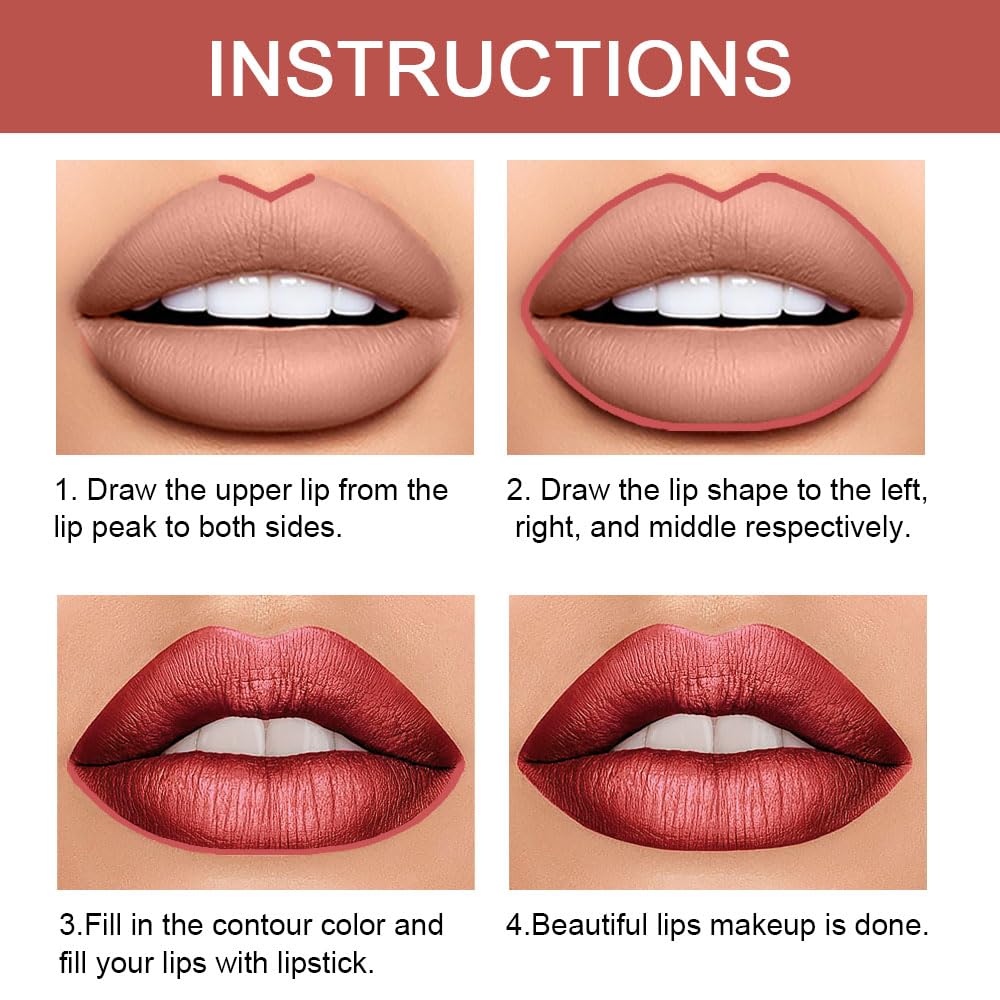 evpct 1Pcs Mauve Red Metallic Lip Liner and Lipstick Set Kit for Women Lips Kit with Lip Liner Lip Stains Long Lasting Waterproof 24 Hour Lipstick and Lip Liners Combo Lipliners Pencil Set 08#