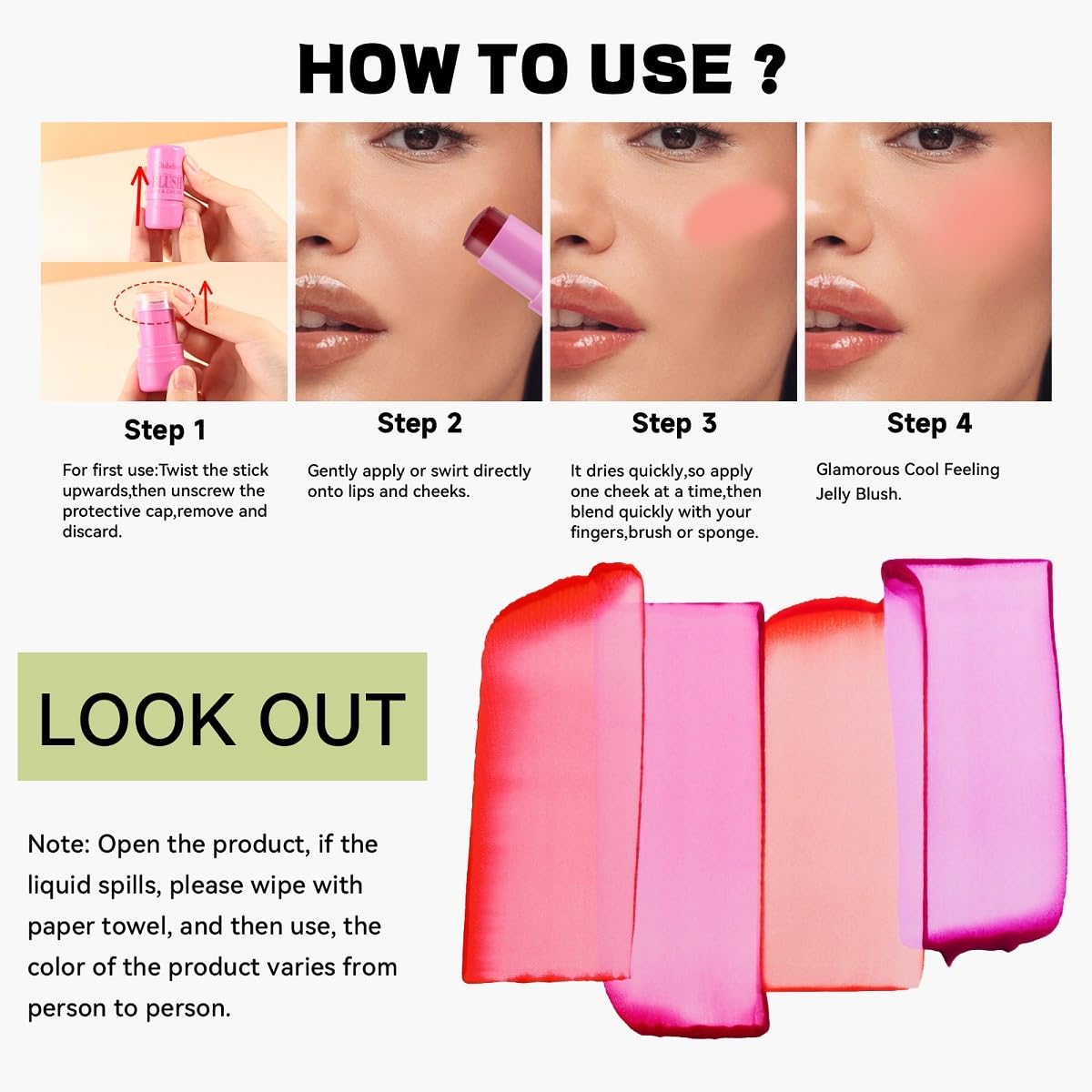 4 Pcs Milk Jelly Blush Stick,Buildable Watercolor Finish Lip and Cheek Makeup Cooling Water Jelly Tint,Vegan & Cruelty Free.（4 Color）