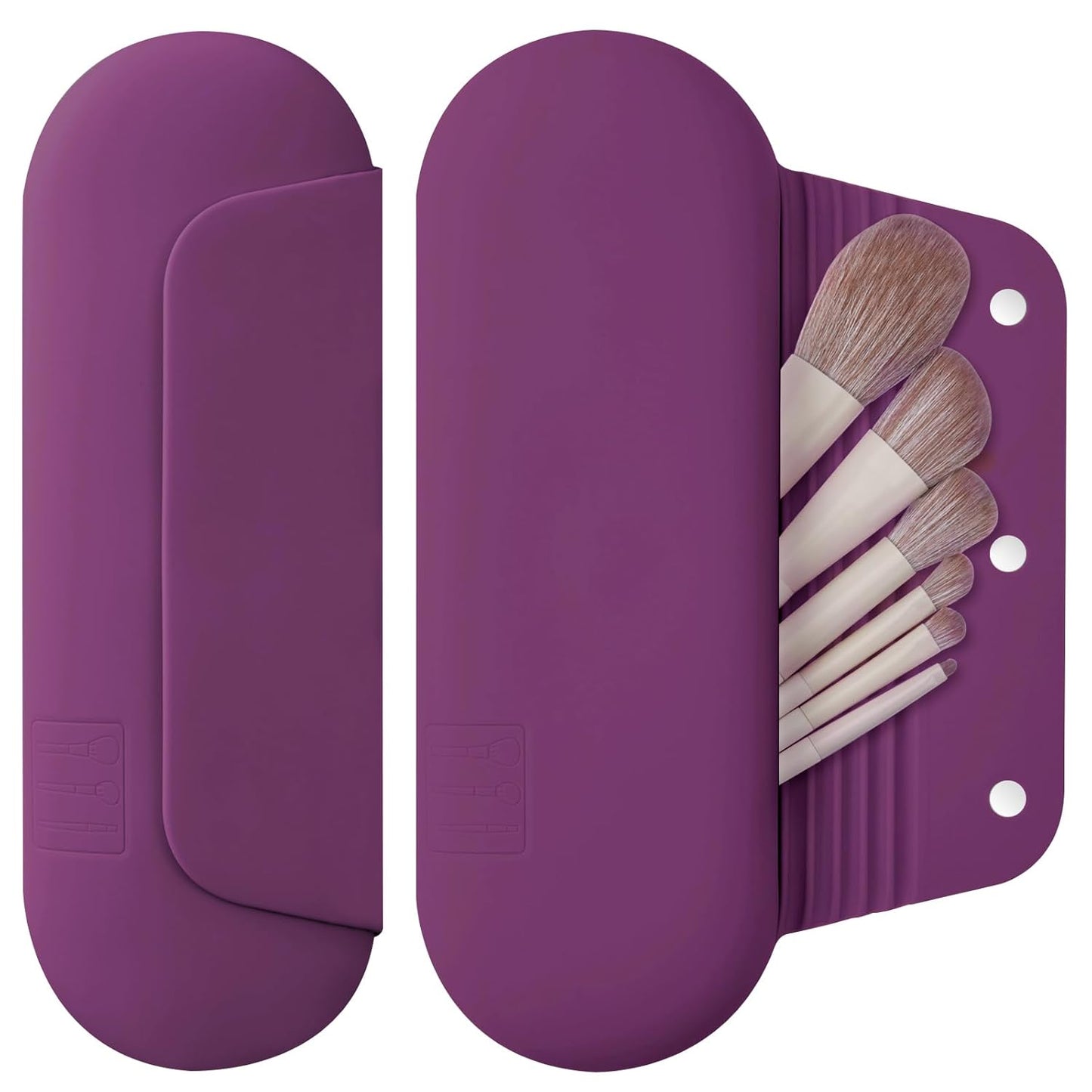Silicone Makeup Brush Holder Travel Cosmetic Bag：Soft Portable Cosmetic Face Brushes Holder with Upgrade Anti-Fall Out Magnetic Closure, Large Travel Makeup Brush Case - Dark Pruple