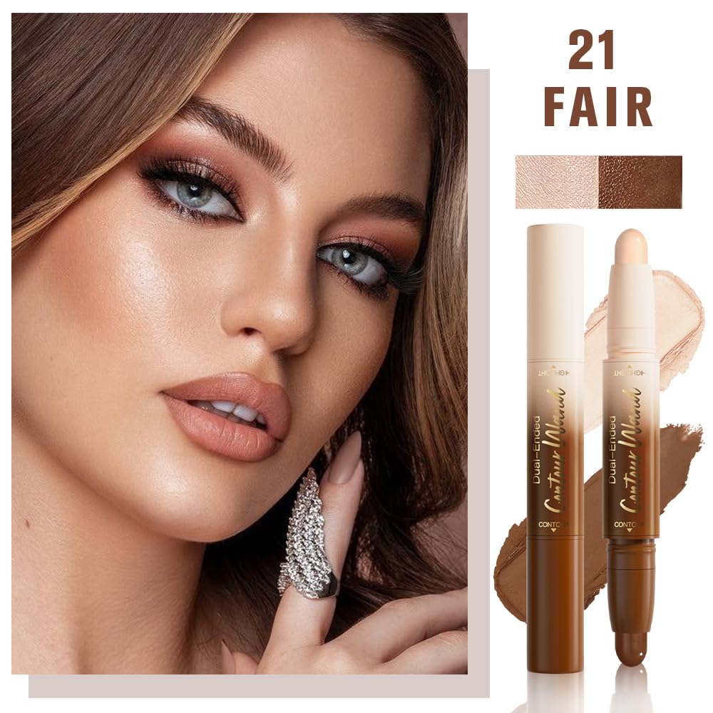 2Pcs 2in1 Cream Contour Highlighter Stick, Dual-Ended Highlighter Makeup Contour Stick, Contour Stick Dual Ended For Face Body Makeup,Long Lasting Waterproof for All Skin Tones (01+03)