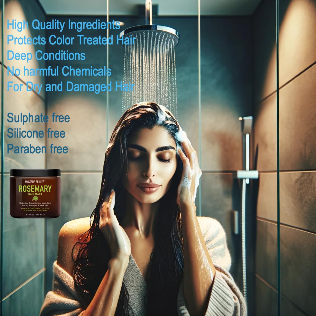 Rosemary Hair Treatment - with Collagen, Biotin, Argan Oil for Dry, Damaged, Curly Hair - Strengthening Deep Conditioner for Split Ends & Growth - 8.45 fl oz