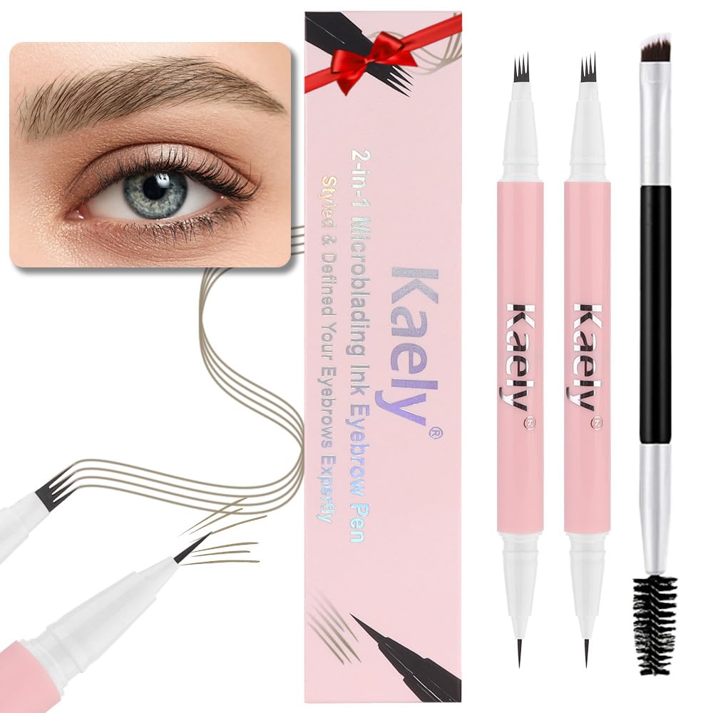 evpct 2Pcs Light Brown Magic Microblading Dual-Ended Eyebrow Contouring Pen Brow Pencil, with 4 Brush Micro-Fork-Tips Applicator and Precise Brush-Tip Hair Like Strokes, Dual-ended Eyebrow Brush
