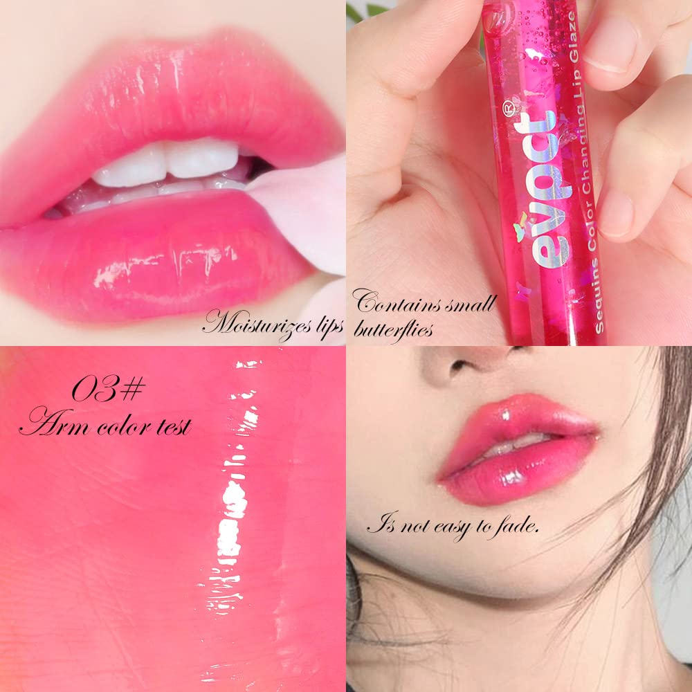 evpct 3Pcs Clear Color Changing PH Tinted Lip Gloss Sets for Women, Pink Mood Lip Oil Gloss Balm Tint Stain Glaze Pack Hydrating 0.34 fl.oz *3