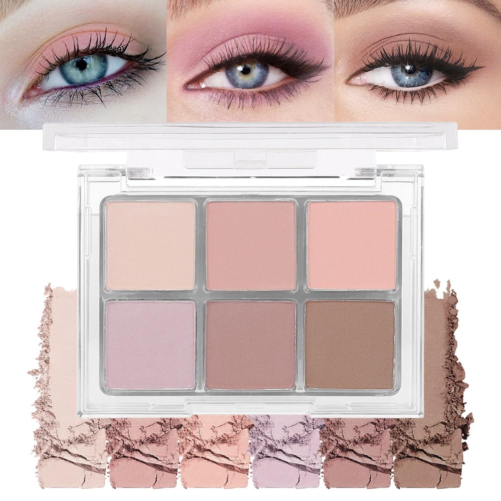 6Colors Glitter Matte Eyeshadow Palette, Natural Nude Brown Purple Coffee Shimmer Sparkly Eye Shadow Makeup, Warm Pastel Eyeshadows Palette, Long Lasting, Natural-Looking Women Girls Eye Shadow 01