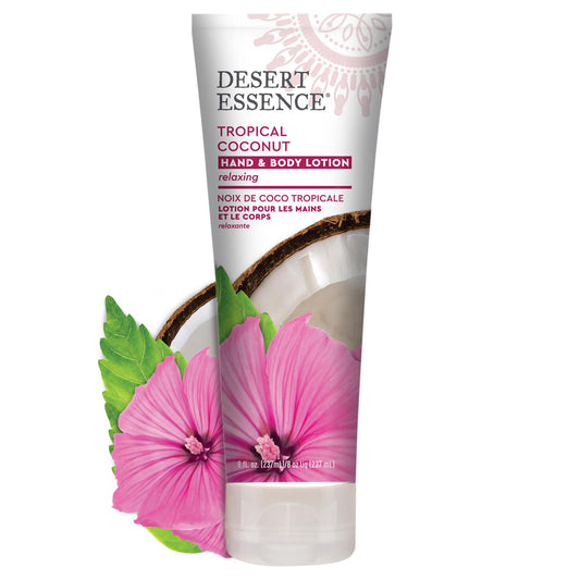 Desert Essence, Tropical Coconut Hand & Body Lotion 8 fl. oz. - Gluten Free - Vegan - Cruelty Free - Coconut Oil, Jojoba Oil & Vitamin E - Intense Hydration - Tropical Coconut Scent