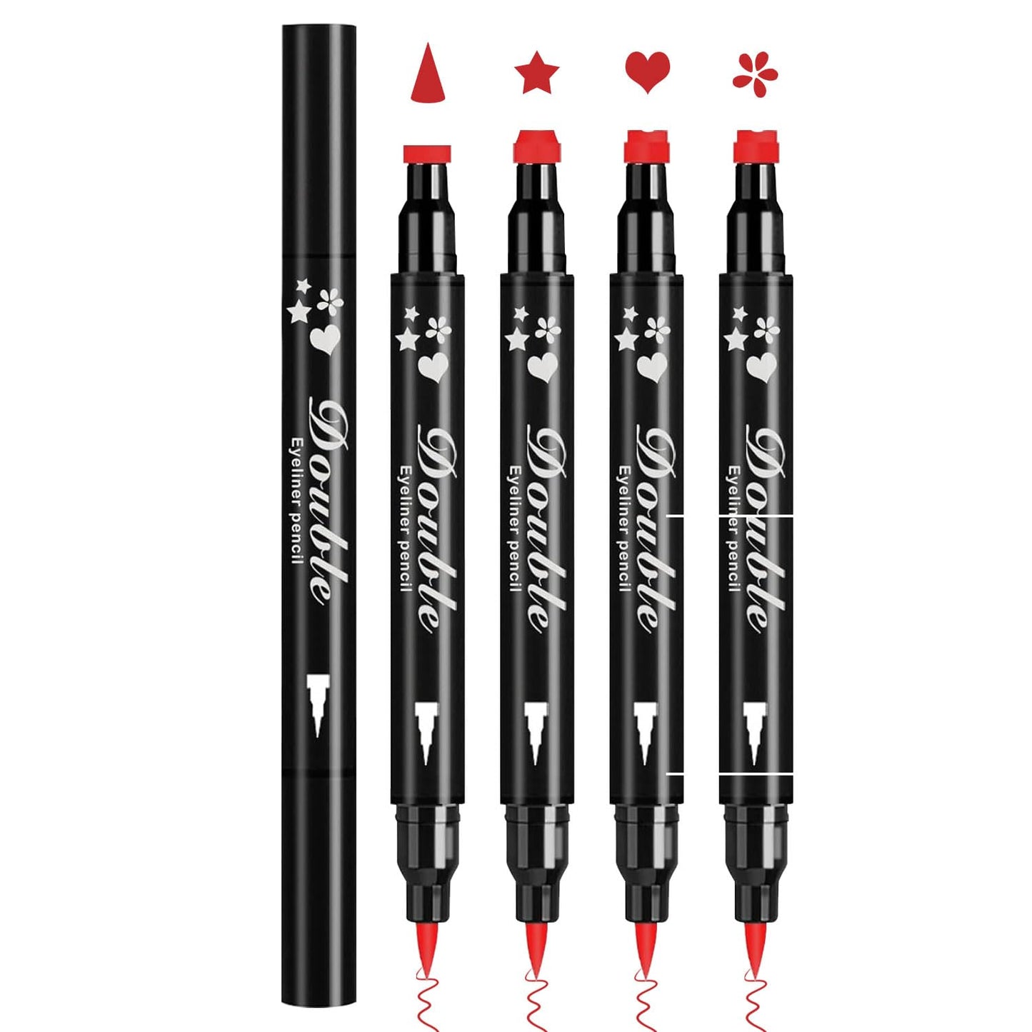 4PCS Red Eyeliner Pen Set, Eyeliner Stamp, Double-headed Red Liquid Eye liner Pencil for Women Eye&Lip Liner Professional Waterproof Halloween Makeup, Star,Triangle,Flower,Heart