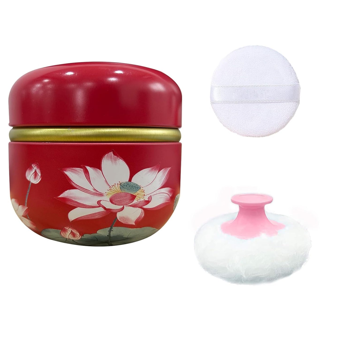 Body Powder Puff and Container for Dusting Powder, Women Powder Puff and Powder Case for Bath and Travel (Lotus Red)