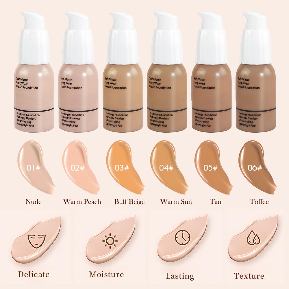 Matte Liquid Full Coverage Foundation, Flawless Soft Matte 24HR Oil Control Full Coverage Foundation Makeup for Women, Long-Lasting Waterproof Full Coverage, 02# Warm Peach(02, Pack of 1)