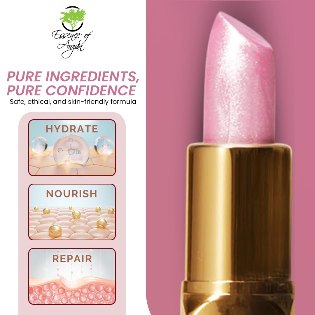 Essence Of Argan Pink Lip Stick for Cracked and Dry Lips - 100% Pure Argan Oil, Shea Butter, Jojoba Oil & Aloe Vera - Hydrating Long Lasting Lipstick - Deep Moisturizing Pink LipStick for Women