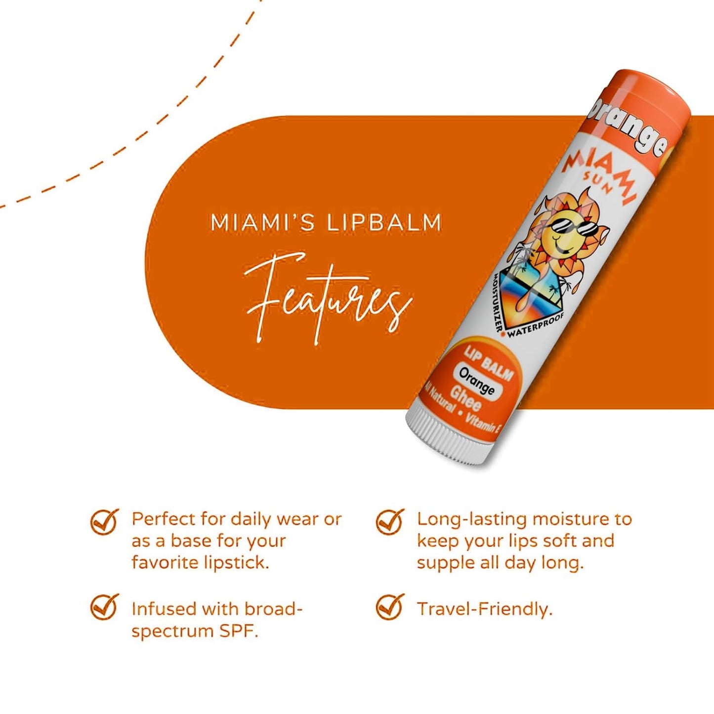 Miami Sun Natural Ghee Lip Balm, Hydrating Lip Treatment with Shea Butter & Beeswax, Organic & Non-Toxic, Best for Dry, Chapped Lips - Moisturizing, Healing, Chemical-Free Lip Repair (2 Count, Orange)