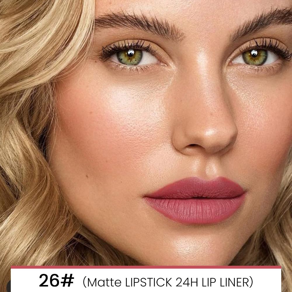evpct 1Pcs Lip Liner and Lipstick Set Kit for Women, Matte Lips Kit with Lip Liner Lip Stains Long Lasting Waterproof 24 Hour Lipstick and Lip Liners Combo Lipliners Pencil 26#