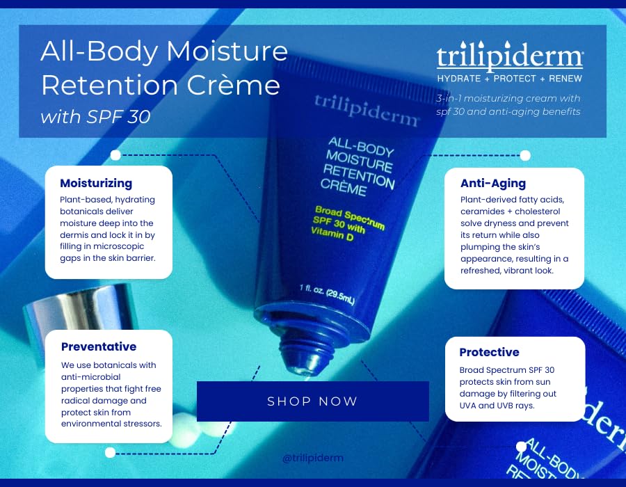Trilipiderm All-Body Moisture Retention Crème with SPF 30, Vitamin D - 3oz Travel Size Sunscreen