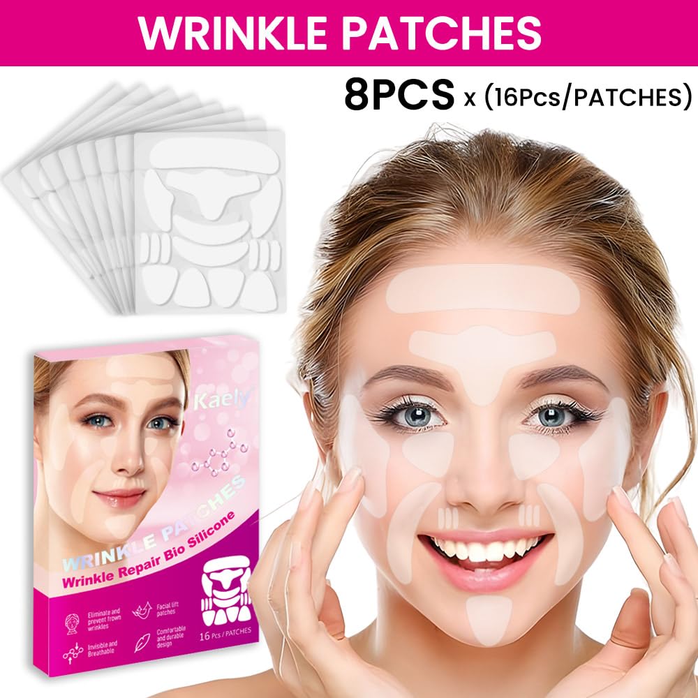 Kaely 128 Pcs Wrinkle Patches for Face Overnight, Silicone Scar Tape for Wrinkles Forehead, Face Tape for Wrinkles Overnight Sleeping Lifting Sagging Skin, Smile Line Facial Smoothing