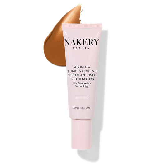 Nakery Full Coverage Foundation for Women - 5 in 1 Plumping Liquid Foundation Makeup - Serum Infused Makeup Foundation Smart Color Adapt with Niacinamide & Hyaluronic Acid for All Skin Types - Deep