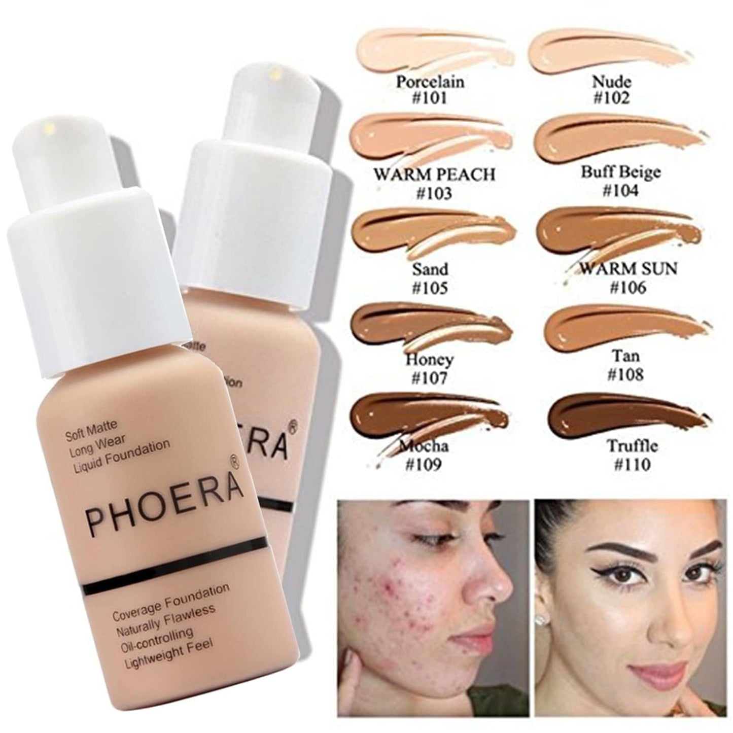 PHOERA Foundation, PHOERA Matte Liquid Foundation,PHOERA Makeup for Women, PHOERA Foundation Full Coverage Concealer, 30ml 24HR Matte Oil Control Concealer (110-Truffle*2)