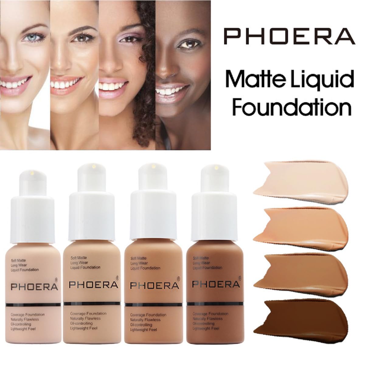 PHOERA Foundation,Flawless Soft Matte Liquid Foundation 24 HR Oil Control Concealer Foundation Makeup.1pcs-114# Ebony