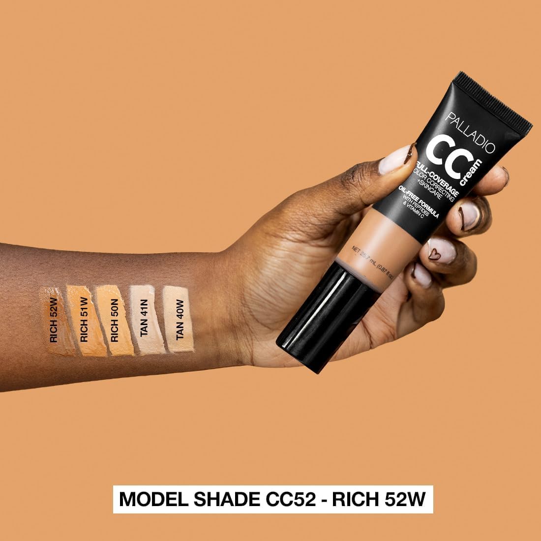 Palladio Full-Coverage Color Correction CC Cream, Oil-Free with Peptides & Vitamin C, Best for Correcting Redness and Uneven Skin Tone, Buildable Foundation Coverage (Rich 52W)