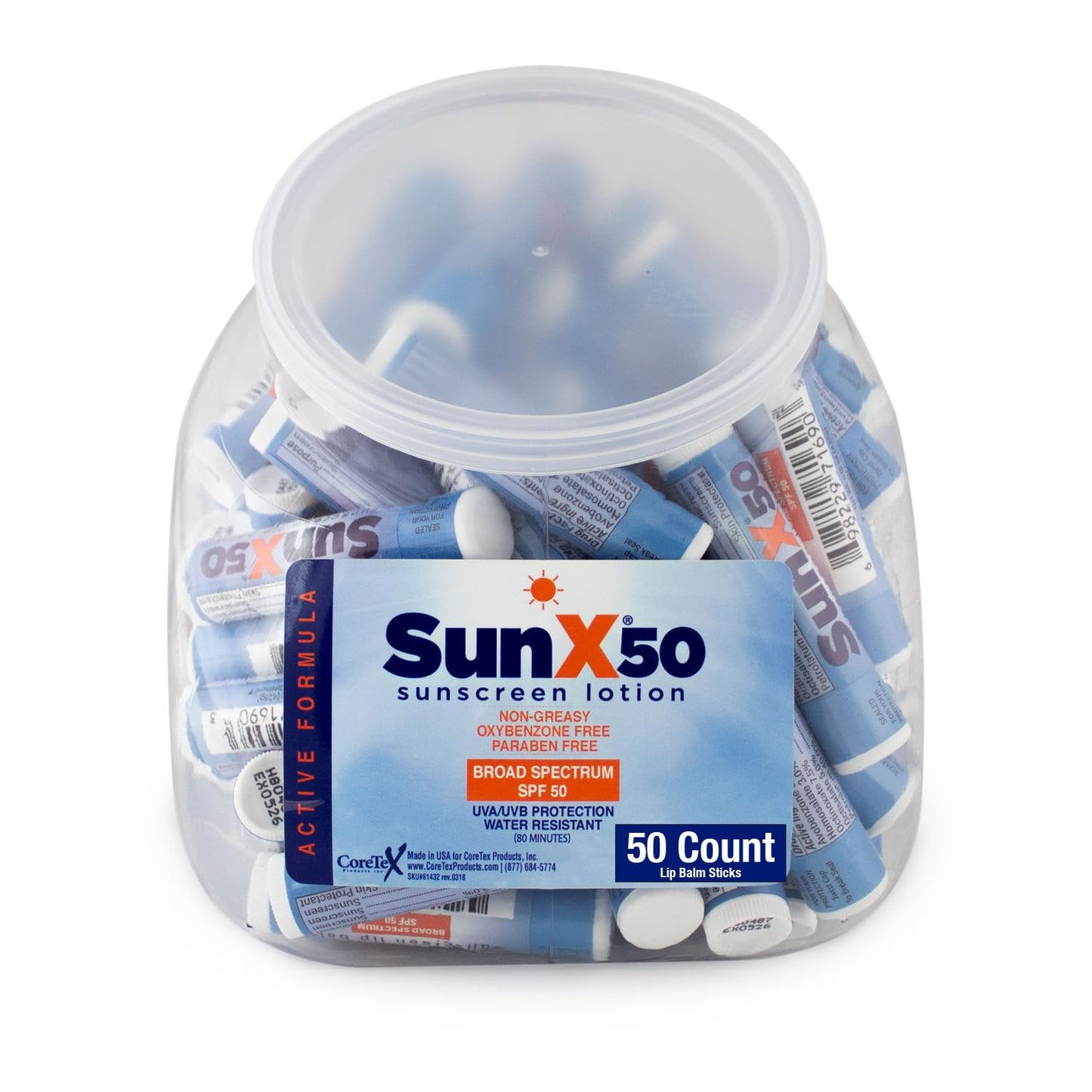 CoreTex Sun X 50 Lip Balm SPF 50 - Pack of 50 Broad Spectrum Sunscreen Lip Balms (Protects Against UVA/UVB Rays) - Water Resistant Up to 80 Minutes and Free of Parabens & Oxybenzone