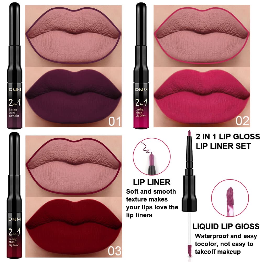 evpct 3Pcs Dark Plum Purple Rose Dark red Matte Lip Liner Pencil and Liquid Lipstick Sets for Women Long Lasting Waterproof, 24 Hour Lipstick Lip Stick/Gloss Set labiales mate 24 horas originales, 01