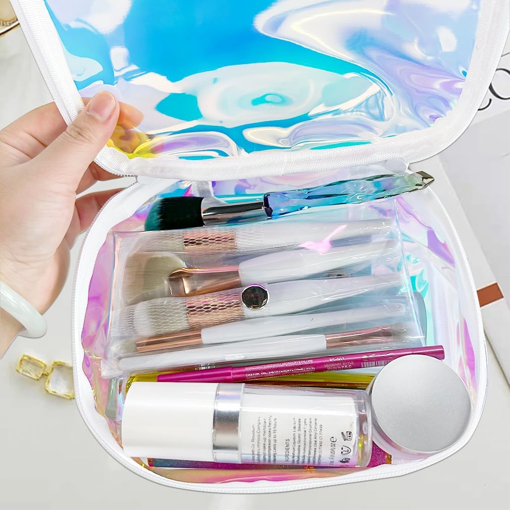 TPU Holographic Clear Makeup Bags Bulk,Clear Storage Bag Toiletry Pocket Portable Zippered Iridescent Pouch Waterproof Cosmetic travel Bags with white zipppe for Women