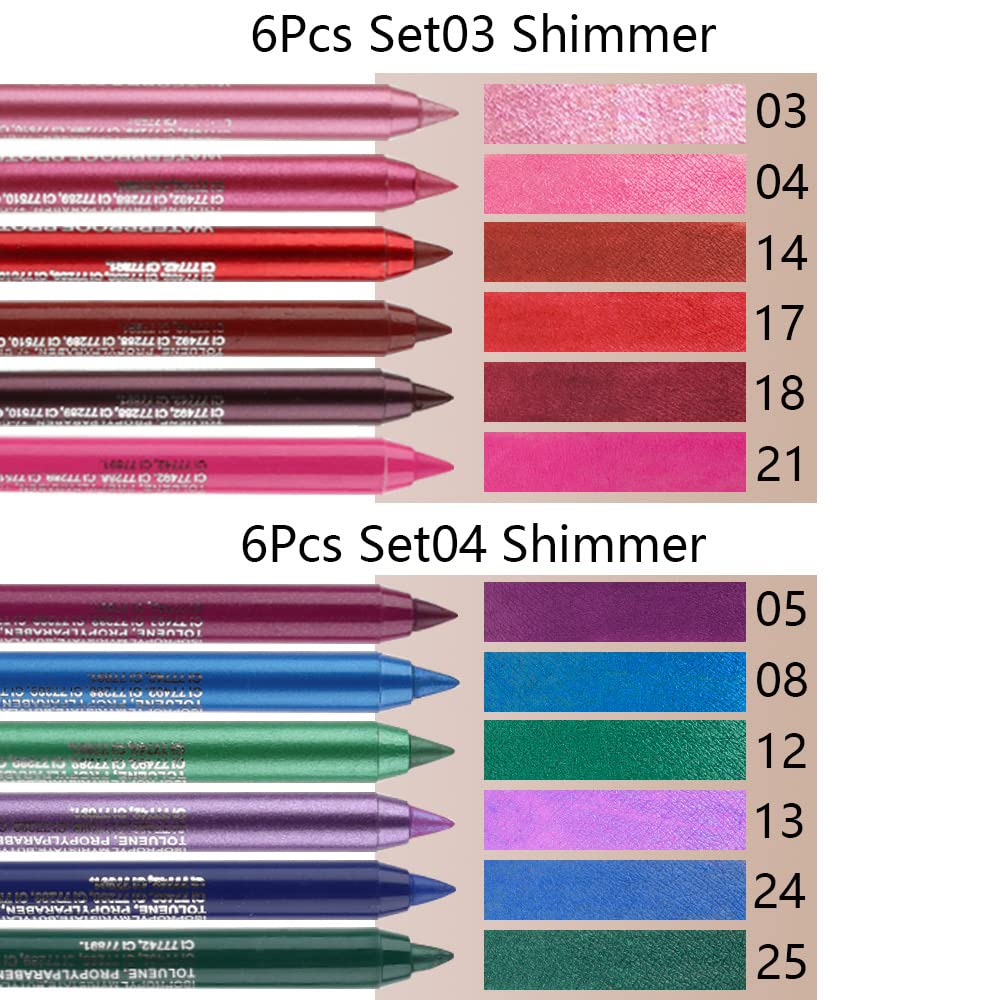 Kaely 6Pcs Glitter Gel Eyeliner Pencil Set for Women, Color Eye Liner Waterproof Smudge Proof with Sharpener, High Pigmented Eye Makeup Liners, lapiz de ojos delineador de ojos contra el agua, 04