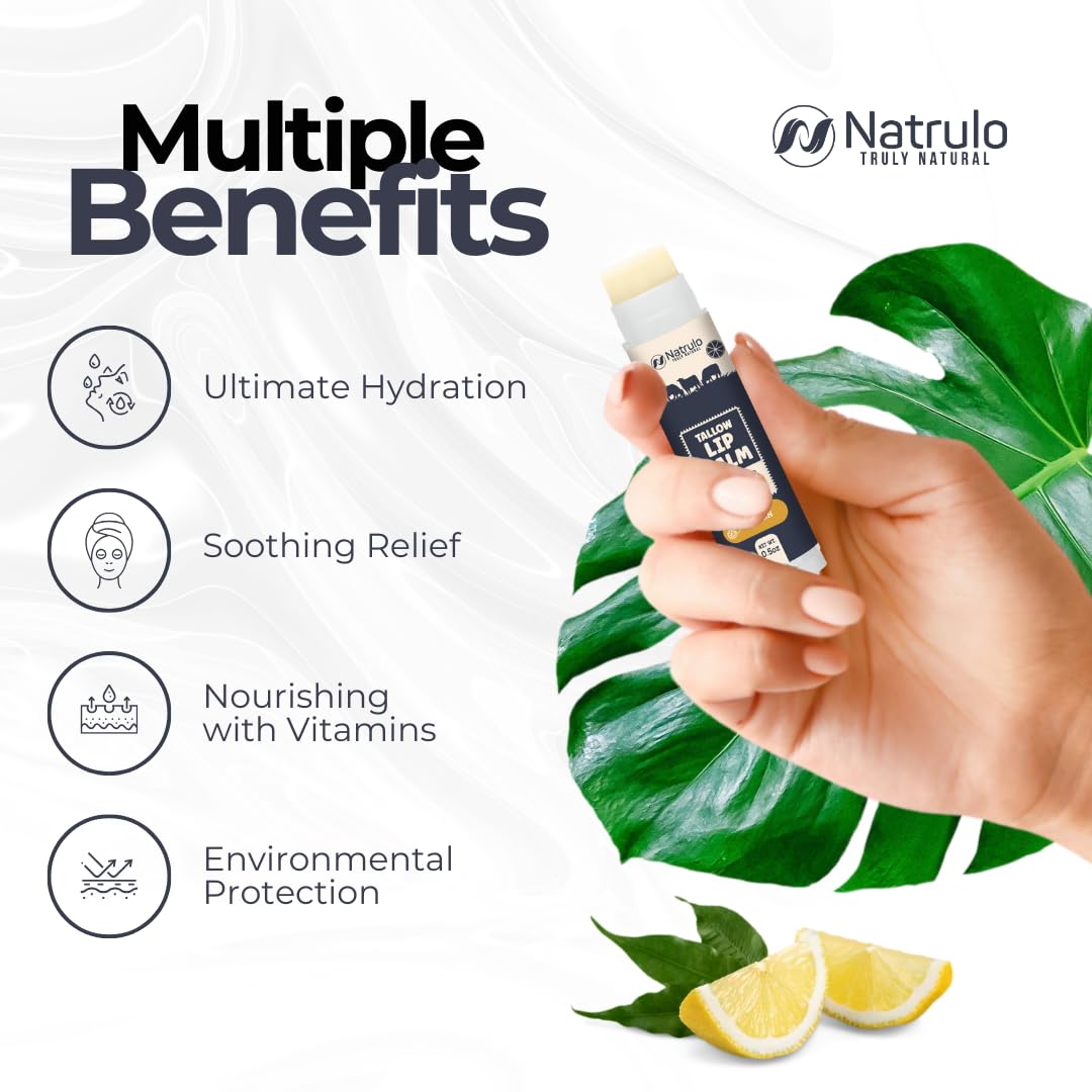 Beef Tallow Lip Balm – Natural Tallow Beeswax Chapstick – Hydrating Moisturizer Grass Fed Beef Tallow Balm Lip Care – Soothes Chapped Dry Sensitive Lips – Long Lasting Vitamin Rich USA-Made 2Pk Lemon