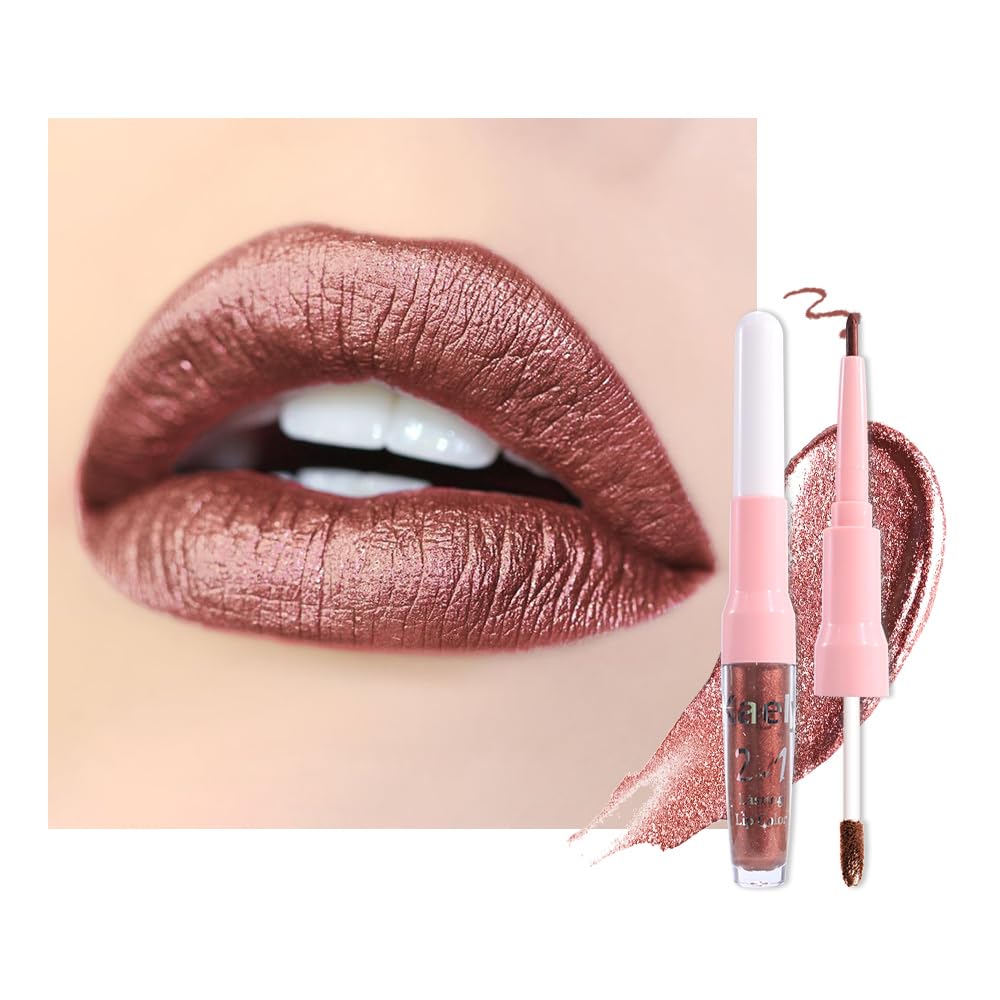 evpct Brown Bronze Metallic Glitter Lip Liner and Lipstick Combo Lip Gloss Stain Set Makeup for Women Long Lasting Waterproof 24, Hot Chocolate Metallic Shimmer Frosted Iridescent Liquid Lipstick 08