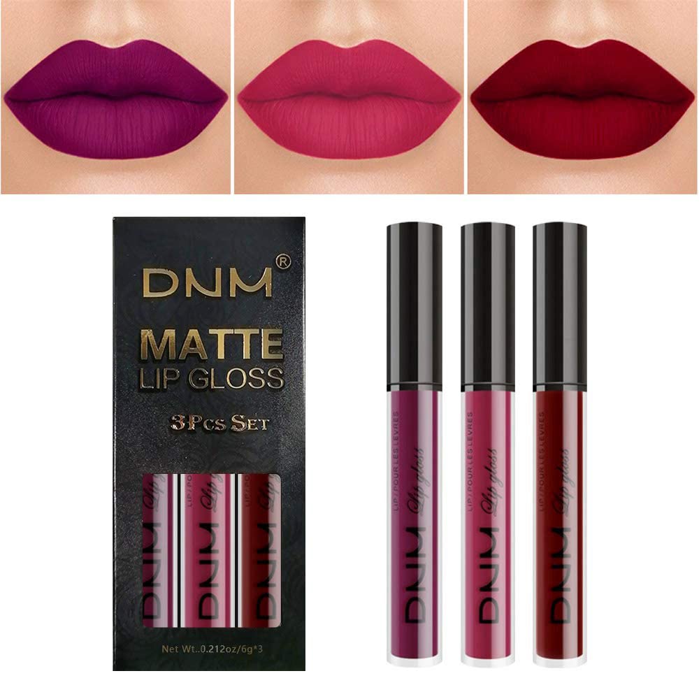 evpct 3Pcs Dark Purple Red Rose pink Matte Liquid Lipstick Sets for Black Women Matte Lipstick Lip Stain Long Lasting Waterproof 24, labial mate larga duracion 24 labiales mate 24 horas originales