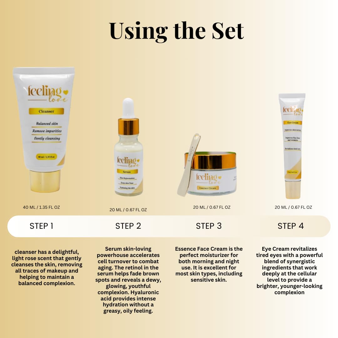 Introducing our exclusive Skincare Set: Cleanser, Serum, Essence Cream, and Eye Cream - Experience the Ultimate 4-Step Natural Beauty Routine for Achieving Radiant, Glowing Skin.