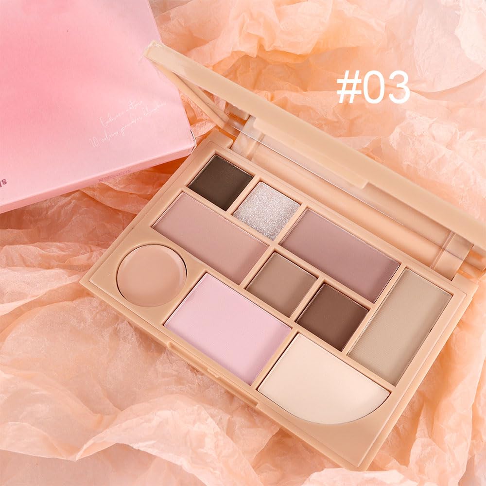 All-in-one Disk Conceal Contour Eyeshadow Palette with Mirror-10 Colors Highly Pigmented Matte Shimmer Primer Powder Makeup-Warm Nude Bronze Neutral Shadows 04#