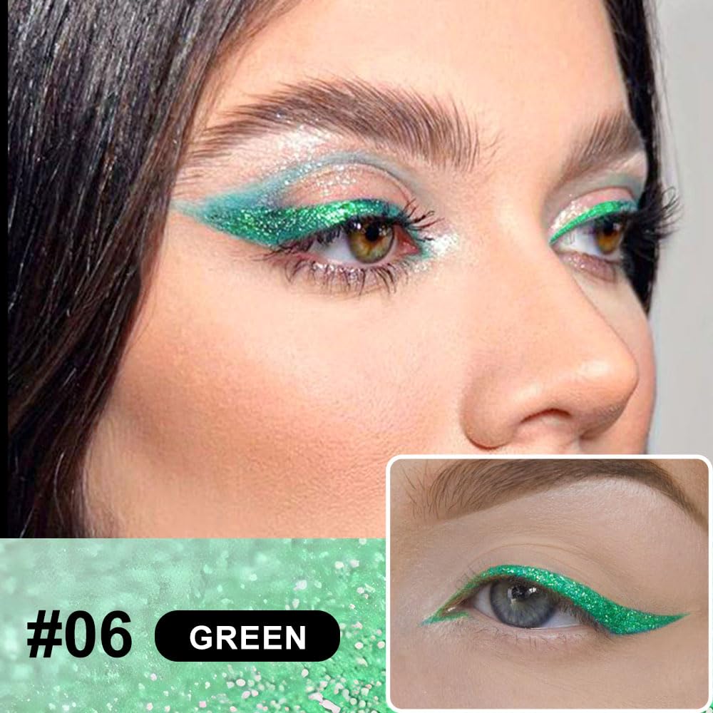 Green Metallic Glitter Liquid Eyeliner Pen – Long-Lasting Sparkly Waterproof Eyeliner for Women & Men – Tattoo-Effect Eye Makeup for Parties – Delineador Líquido con Brillo 06