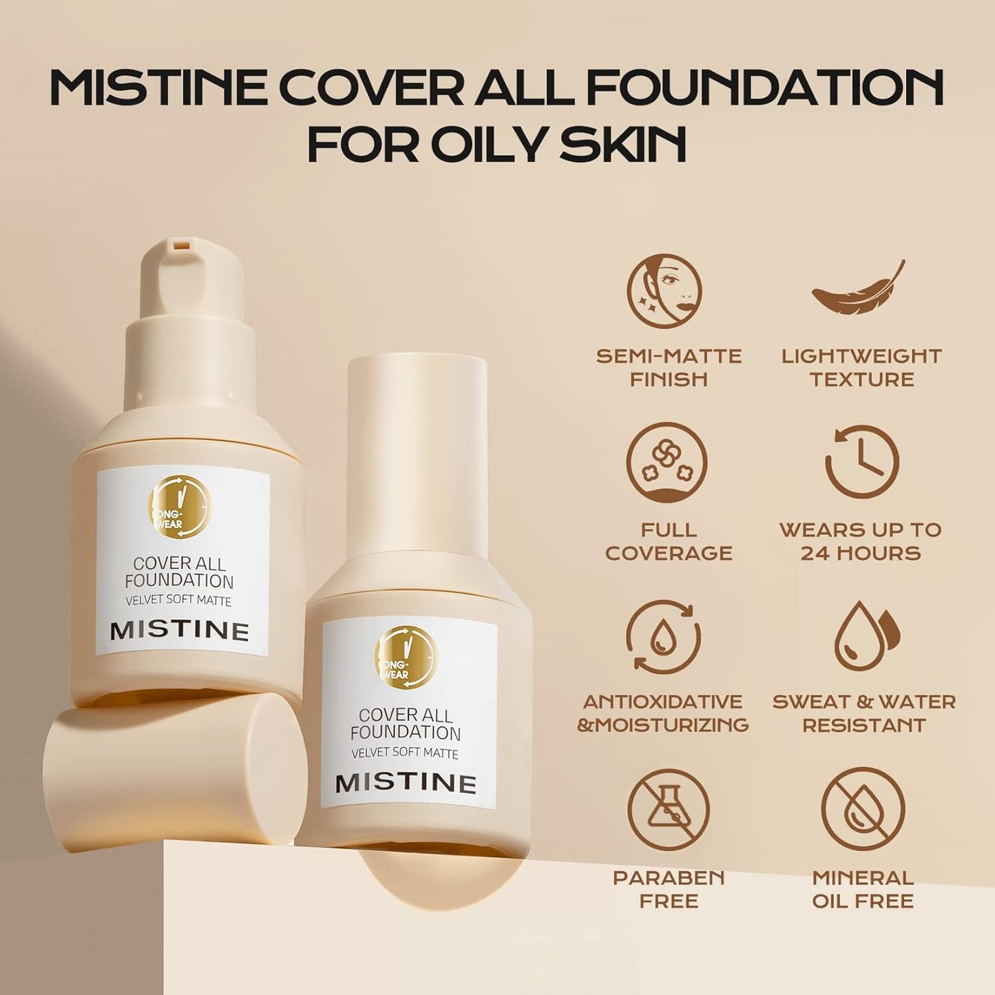 MISTINE Full Coverage Foundation Makeup for Oily Skin,24 Hour Oil Control Liquid Foundation,Skin-Caring,Moisturizing Formula,Cream Foundation,Matte Finish,Natural Beige,1 Fl Oz