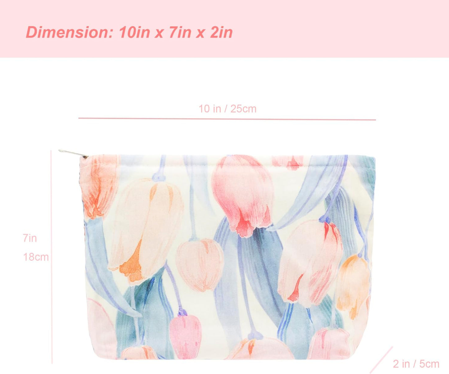 Floral Makeup Bag Large Cotton Zipper Pouch for Purse Travel Canvas Make Up Organizer for Women Cosmetic,Tulip Pink