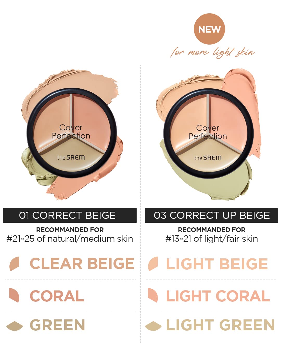 THESAEM Cover Perfection Triple Pot Concealer 03 Correct Up Beige - for Fair to Light Skin Tone - 3 Color Full Coverage Concealer - Covers Blemishes Spots, Dark Circles, Redness Skin