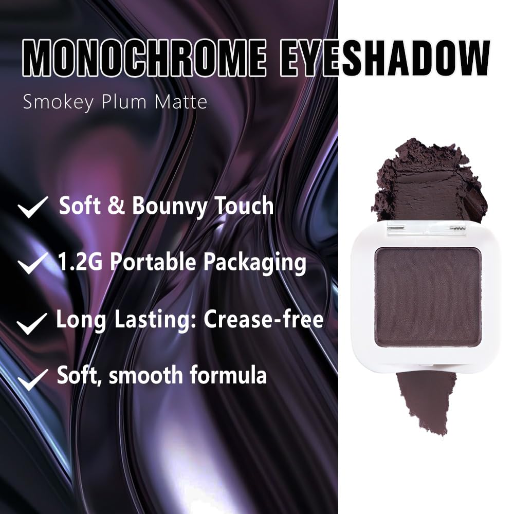 Buildable Matte Eyeshadow Makeup Palette Single - Smokey Plum Shades | Creamy Pressed Powder for Easy Blending | Mini Travel Palette for Women | Everyday Natural Eye Makeup