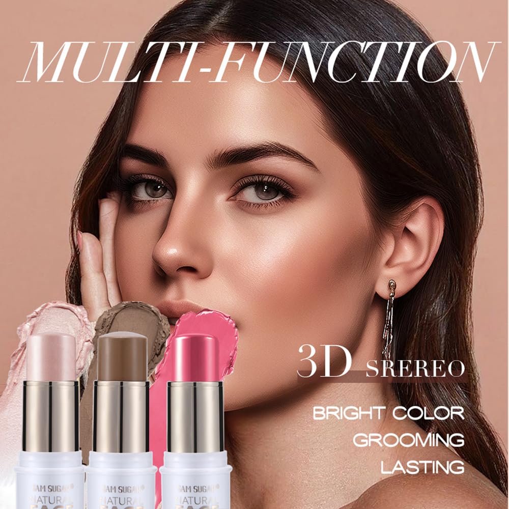 Contour Stick Makeup Kit,3Pcs Bronzer Blush Highlighter Stick Set for Create a Glowing Flawless Look, Longwear Non-Greasy Matte Finish Face Stick Trio, Include Brush – Light Medium (#03,06,09)