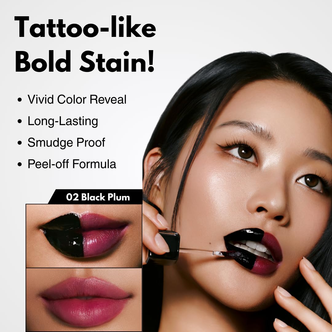 MILKTOUCH Black Peel Off Lip Tattoo - Long-Lasting Matte Lip, Waterproof & Transfer-Proof, Highly Pigmented, Stay-On-All-Day Lip Tint Stain (4.5g) #02 Black Plum