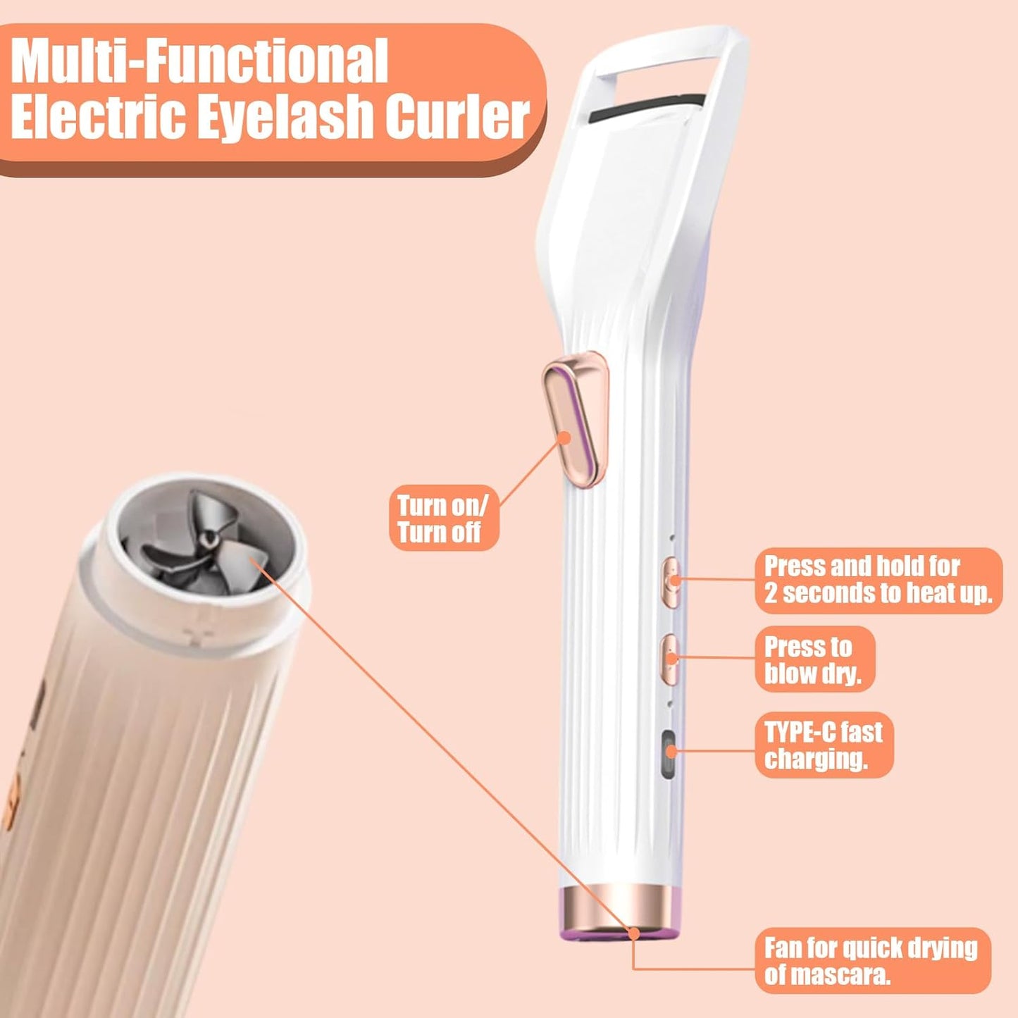 Heated Eyelash Curler Professional, 2 Heat Modes Fast Heat up in 8s, Rechargeable Electric Eyelash Curler with Type-C, White Electric Heated Lash Curler for Women Girls