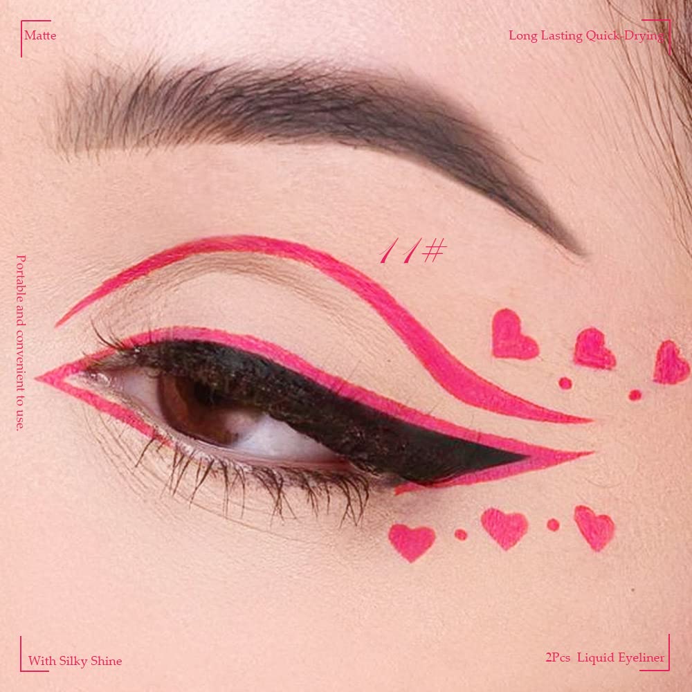 evpct 2Pcs Hot Pink Rose Red Liquid Eyeliner Set Waterproof Neon Bright Light Pink Eye Liner Liquid Pen Pencil for Women Eyes delineadores de colores para ojos delineador de ojos contra el agua 02&11