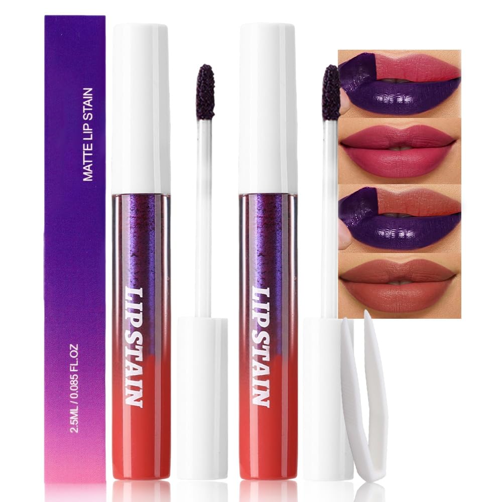 evpct 2Pcs Mauve Red & Nude Brwon Peel Off Lip Stain Tints, Matte Liquid Lipstick Lip Stain Long Lasting Waterproof for Women, Longwear Lipstick Peel Off Highly Pigmented Smudge-proof Easy to Apply