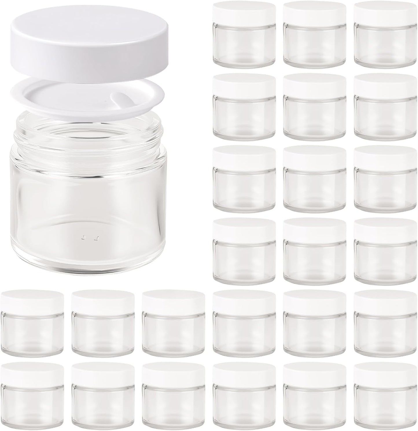 2oz Jars with Lids, Hoa Kinh 24 Pack Clear Glass Jars with Lids Empty Cosmetic Containers Round Airtight Glass Jar with Inner Liners and White Lid for Storing Lotions, Powders, and Ointments