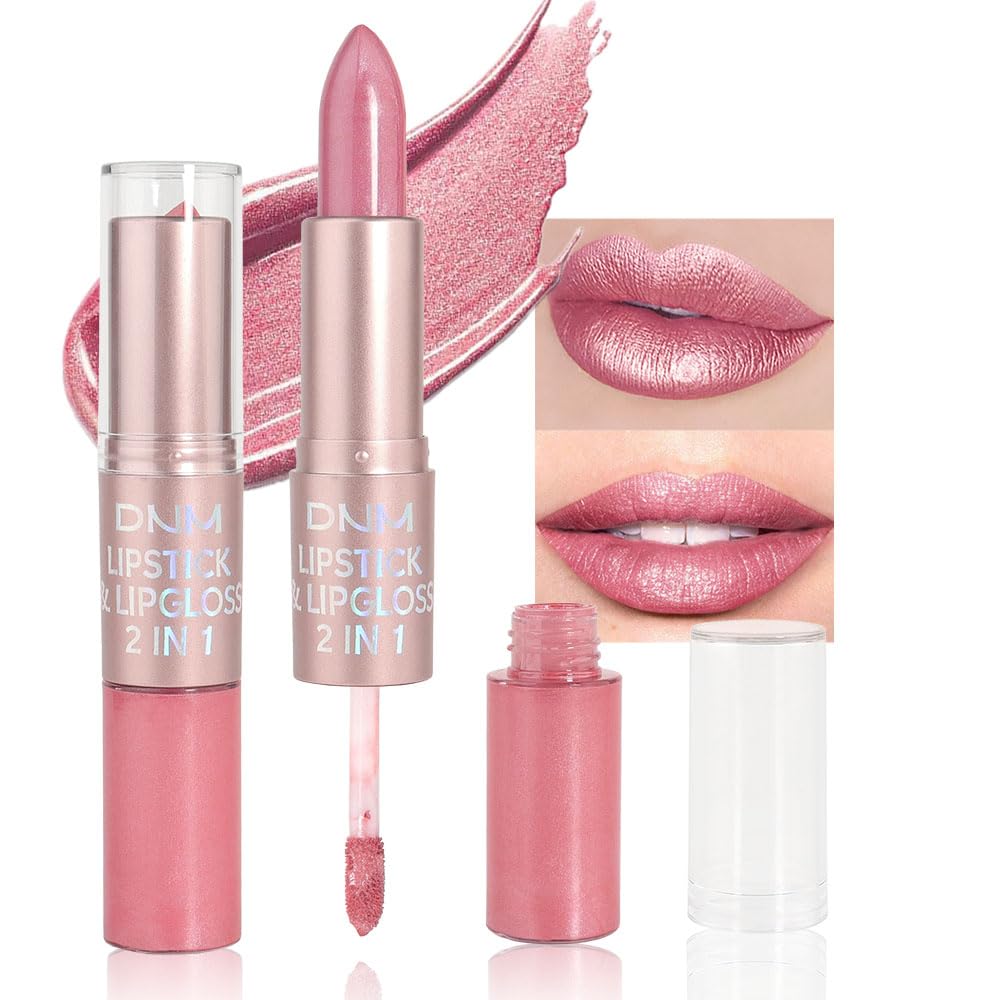 evpct 2 in 1 Light Pink Glitter Metallic Shimmer Diamond Lipstick and Lip Gloss Set for Women Long Lasting Waterproof, Bright Rose Pink Sparkle Glitter Shiny Lipstick and Lip Liner Makeup set, 01#