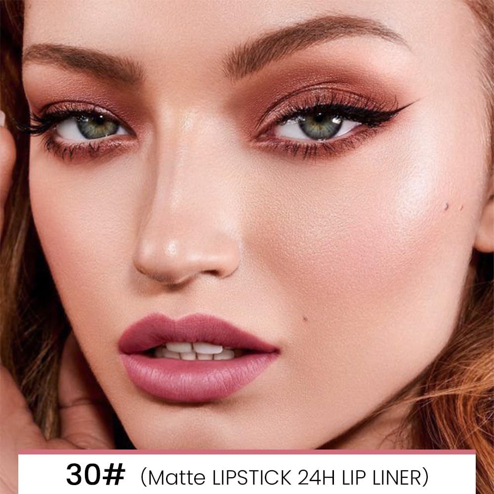 evpct 1Pcs More Blush Lip Liner and Lipstick Set Kit for Women, Matte Lips Kit with Lip Liner Lip Stains Long Lasting Waterproof 24 Hour Lipstick and Lip Liners Combo Lipliners Pencil 30#