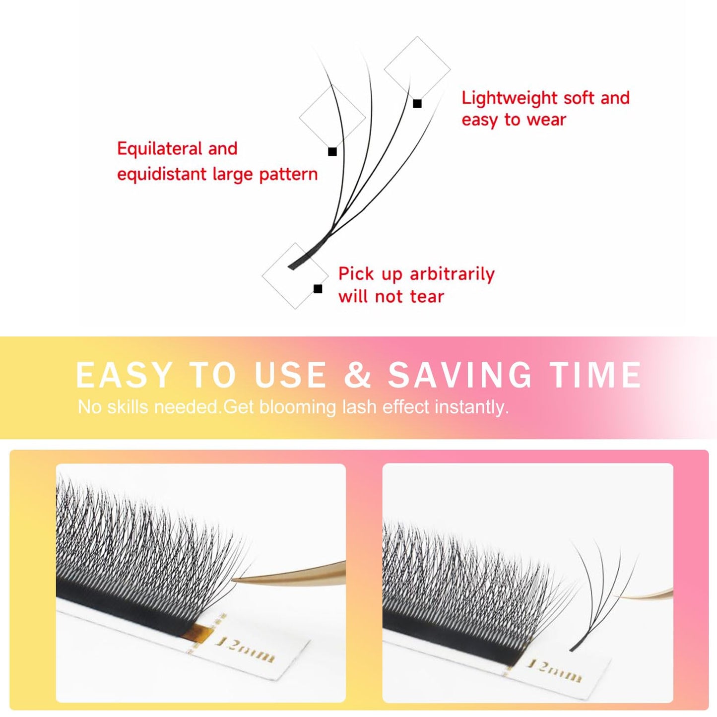 W Lash Extensions Supplies 4D Eyelash Extensions W Shape 0.07mm Thickness D Curl 9mm Premade Fans Easy Fan Lashes Volume Matte Black 12 Rows Crisscross Eye Lashes(W-4D-0.07-D,9mm)