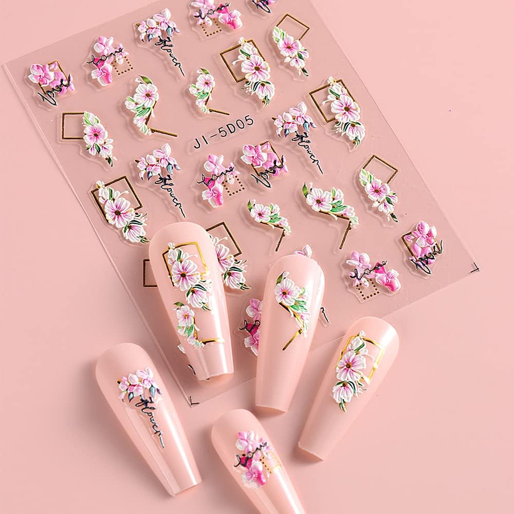 5D Nail Art Stickers 4 Sheets Pink Flowers Geometric Lines Decor Acrylic Embossed Sliders Gold Strips Decals Charms Cherry Blossom Manicure Accessories