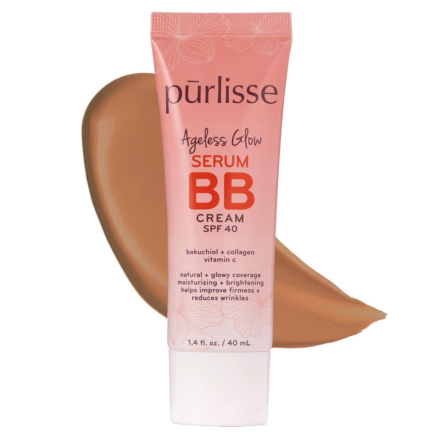 pūrlisse Ageless Glow Serum BB Cream SPF 40 - Glow BB Cream with SPF Enriched with Bakuchiol & Vitamin C to Help Improve Firmness & Reduce Wrinkles for Dewy Skin - Tan Deep (1.4 oz)