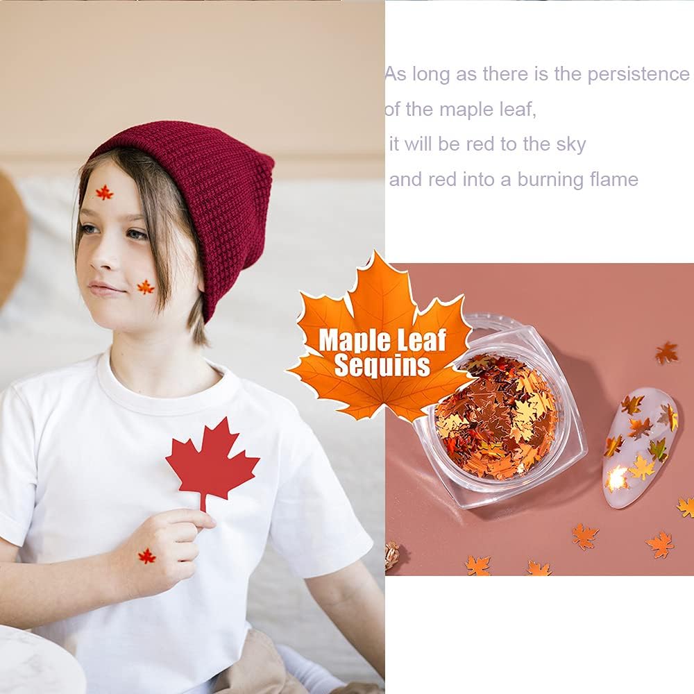 3D Fall Maple Leaf Nail Art Decals Charms for Nails, 3D Holographic Glitters Meteillc Red Yellow Nail Art Sequins Flakes for Women DIY Manicures Salon Accessories 2 Bag