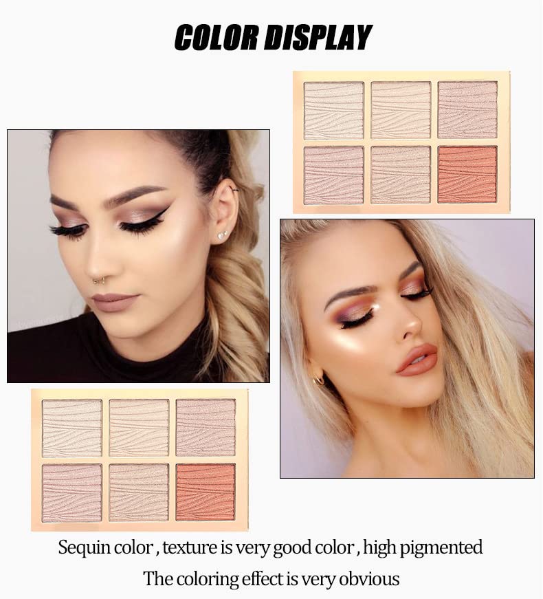 6 Colors Highlighter Makeup Face Palette, Shiny Glow Highlighter Shimmer Metallic Palette Professional Face Contouring Blemish Pallet, Natural Shiny Makeup Face Glitter Blush Cheeks Pallet Contour Illuminator Makeup Highlight Powder for Women