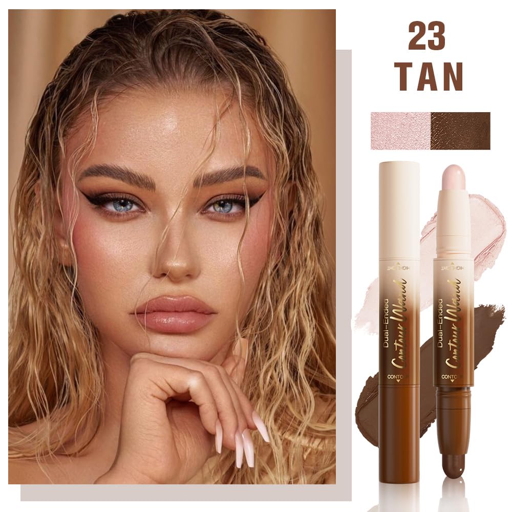 Dual-Ended 2-in-1 Cream Contour & Highlighter Stick – Waterproof, Long-Lasting for Face & Body Makeup, Suitable for All Skin Tones, 03#Darker Nude + Light Pink